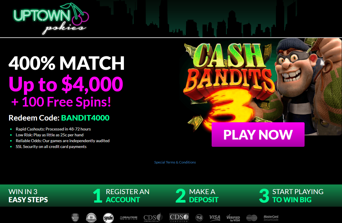 400% Match
                                Up to $4,000 + 100 Free Spins!